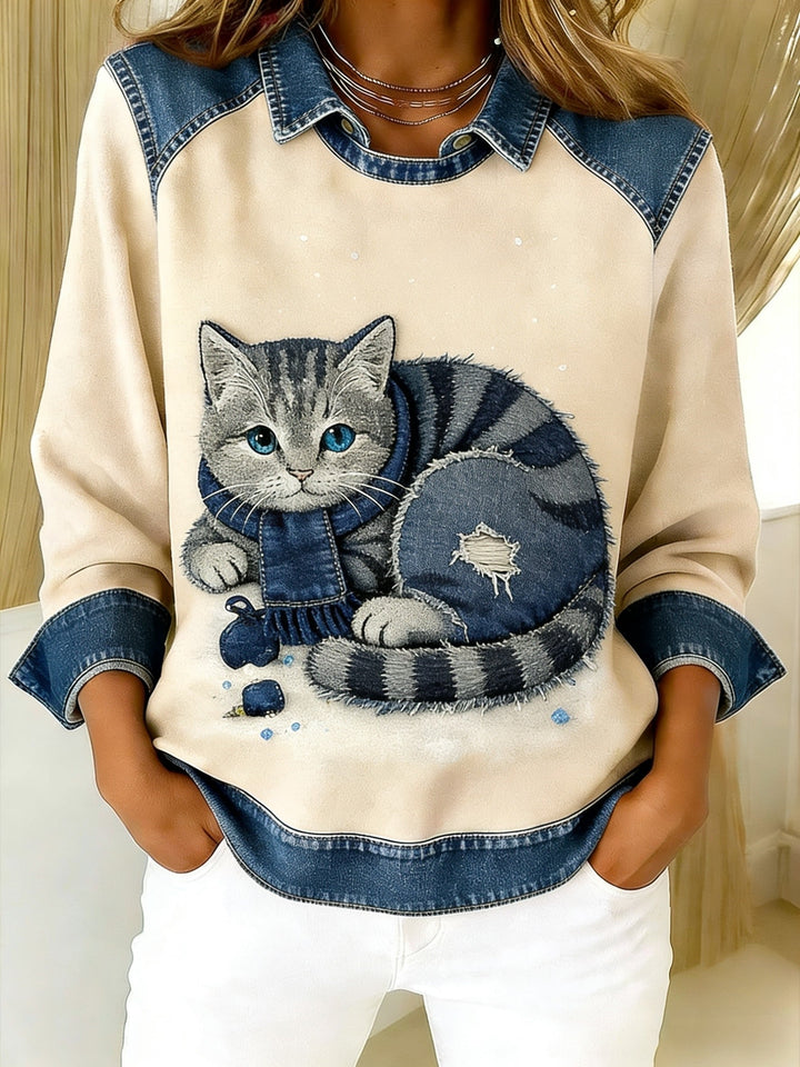 EPONIN RETRO CAT PATCHWORK DENIM SWEATSHIRT