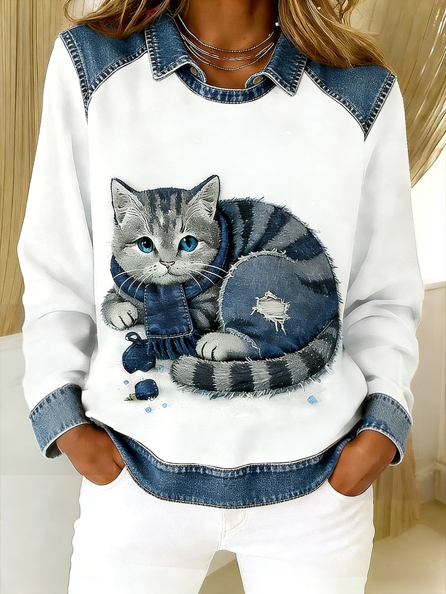 EPONIN RETRO CAT PATCHWORK DENIM SWEATSHIRT