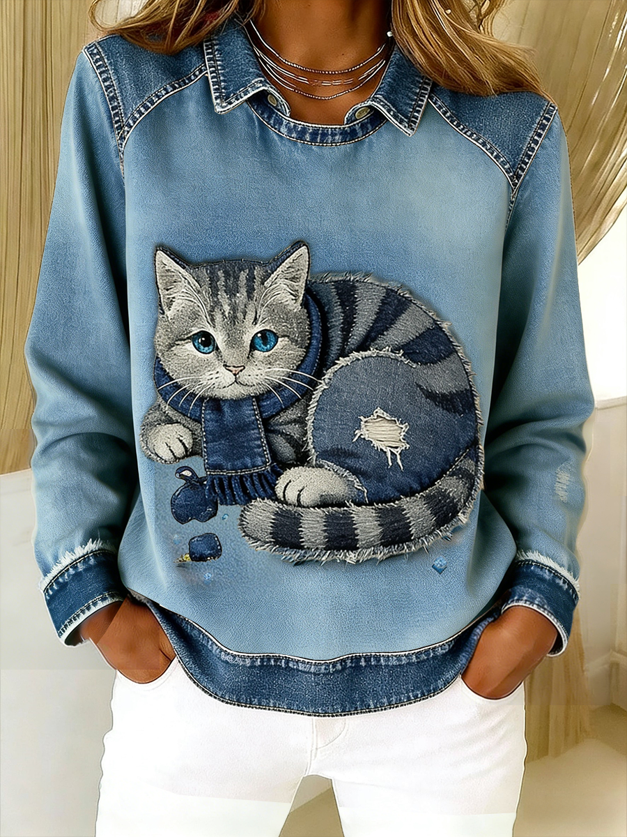 EPONIN RETRO CAT PATCHWORK DENIM SWEATSHIRT