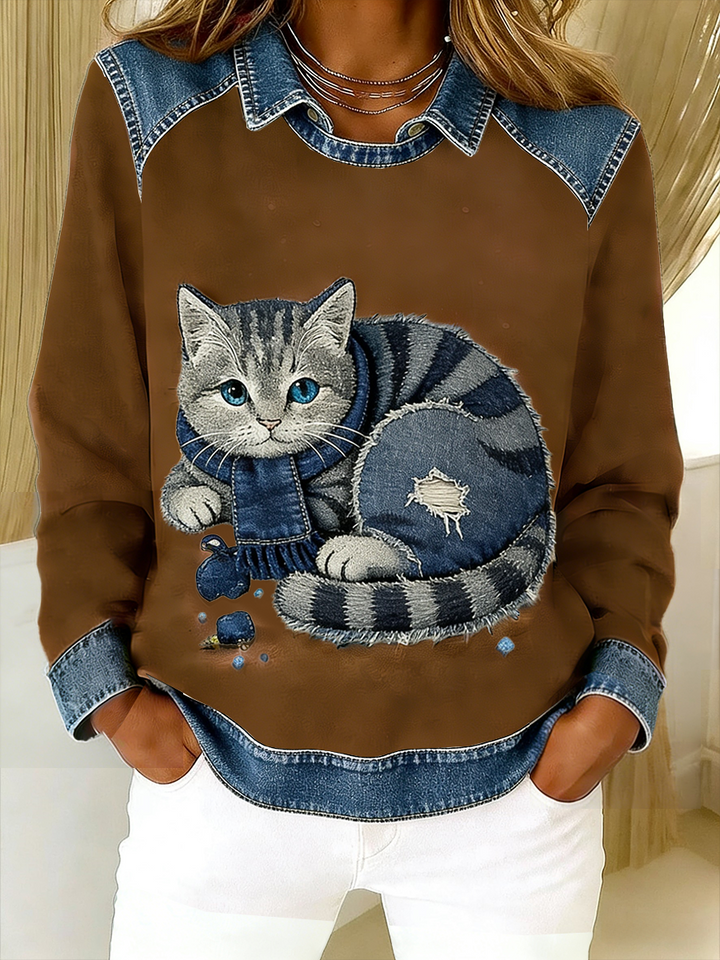 EPONIN RETRO CAT PATCHWORK DENIM SWEATSHIRT