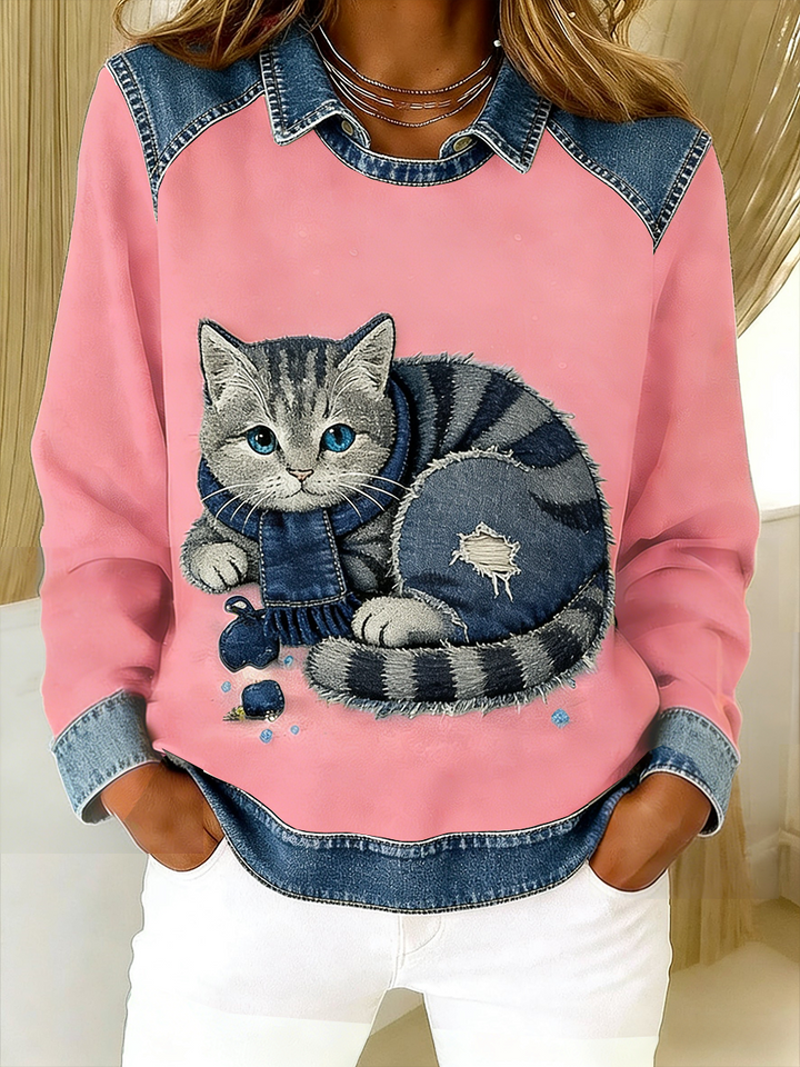 EPONIN RETRO CAT PATCHWORK DENIM SWEATSHIRT