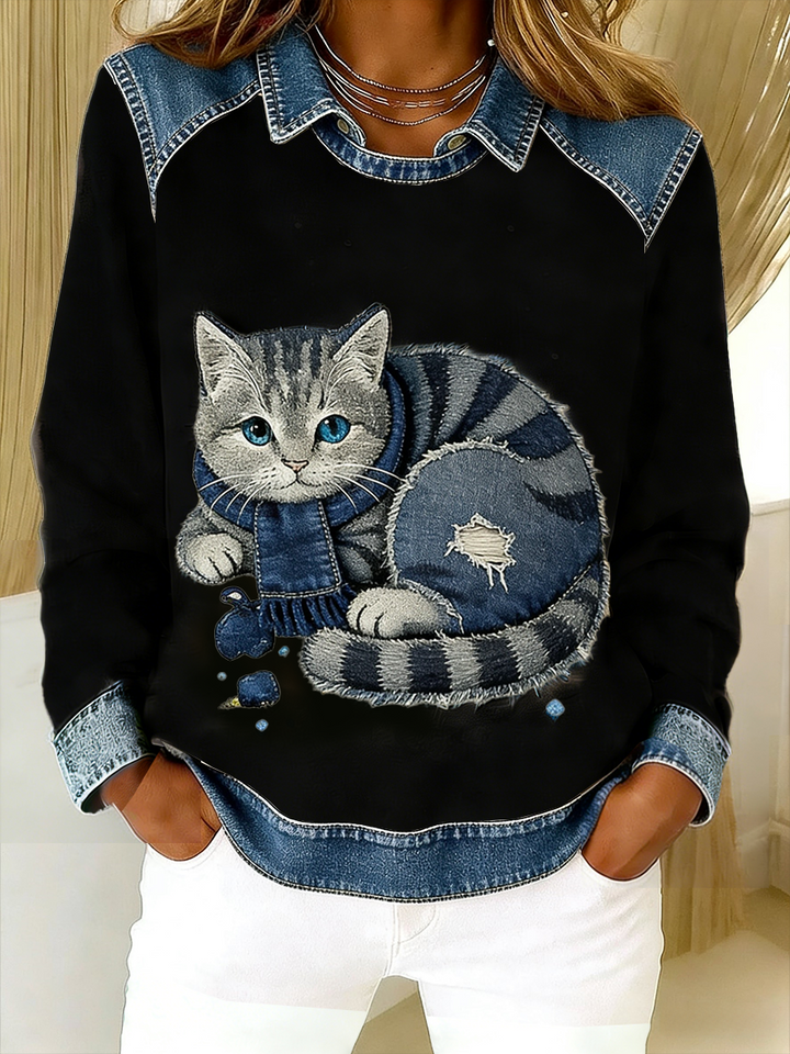 EPONIN RETRO CAT PATCHWORK DENIM SWEATSHIRT