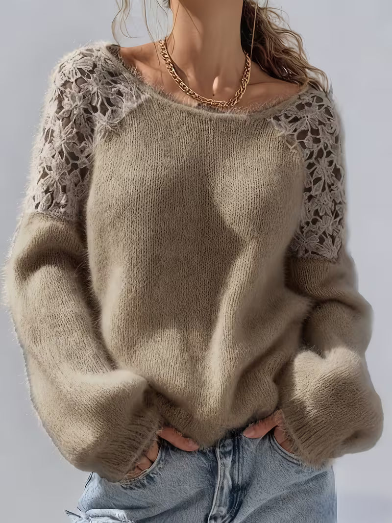 DOBRINA OFF-SHOULDER LACE KNIT SWEATER
