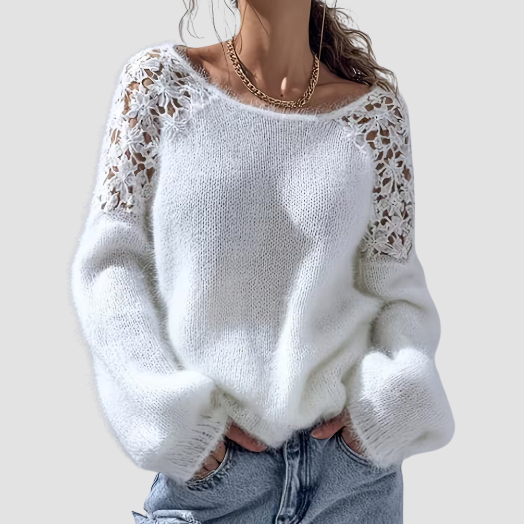 DOBRINA OFF-SHOULDER LACE KNIT SWEATER