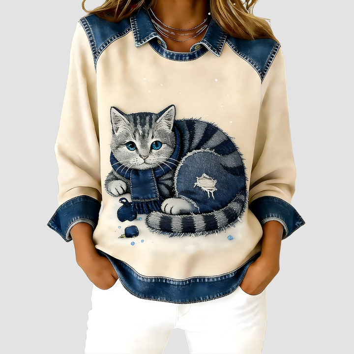 EPONIN RETRO CAT PATCHWORK DENIM SWEATSHIRT