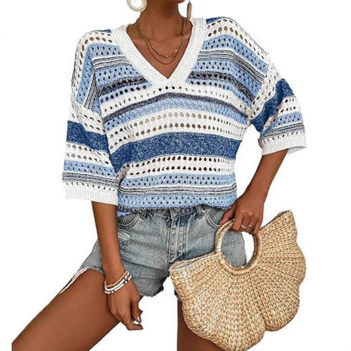 KELISE STRIPED CROCHET V-NECK SUMMER TOP