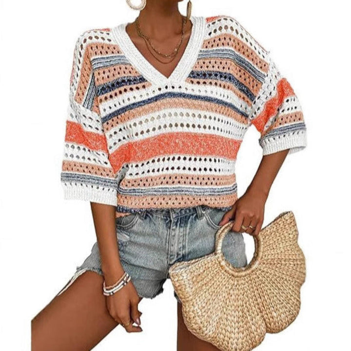 KELISE STRIPED CROCHET V-NECK SUMMER TOP