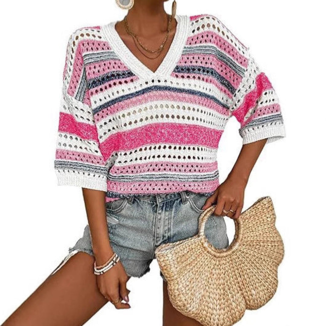 KELISE STRIPED CROCHET V-NECK SUMMER TOP