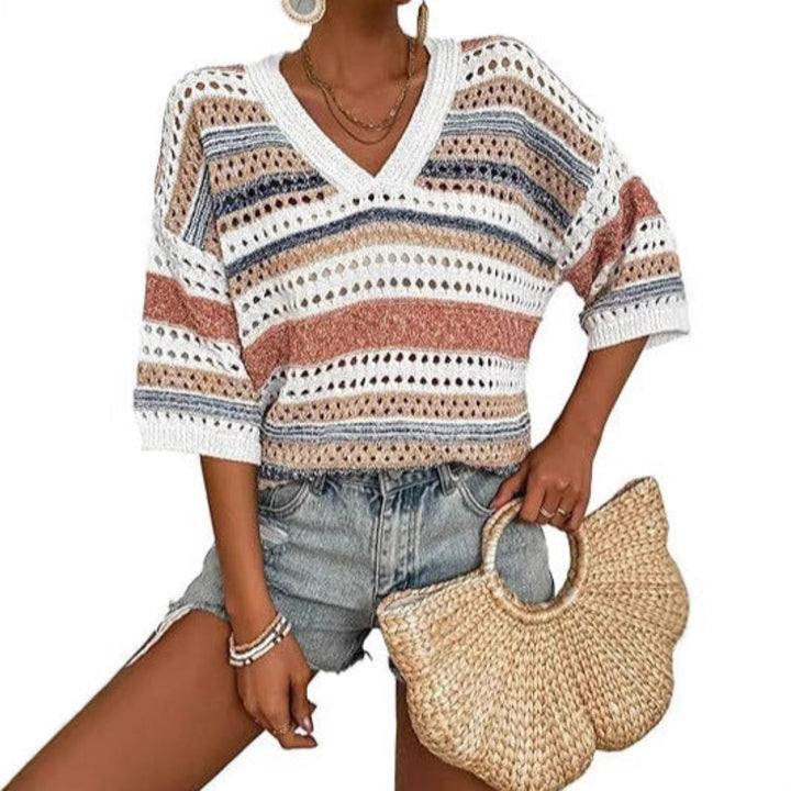 KELISE STRIPED CROCHET V-NECK SUMMER TOP