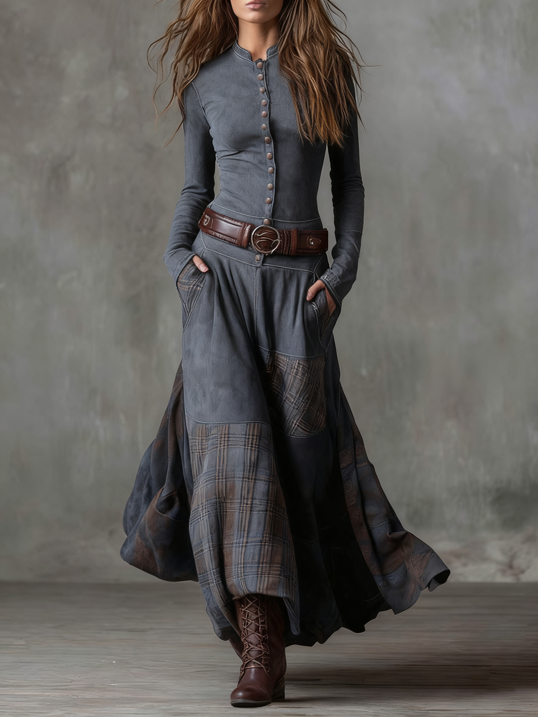 CHARLOTTE SUEDE PLAID MAXI DRESS