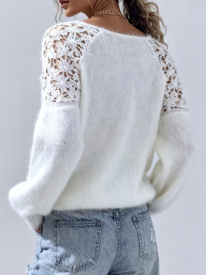 DOBRINA OFF-SHOULDER LACE KNIT SWEATER