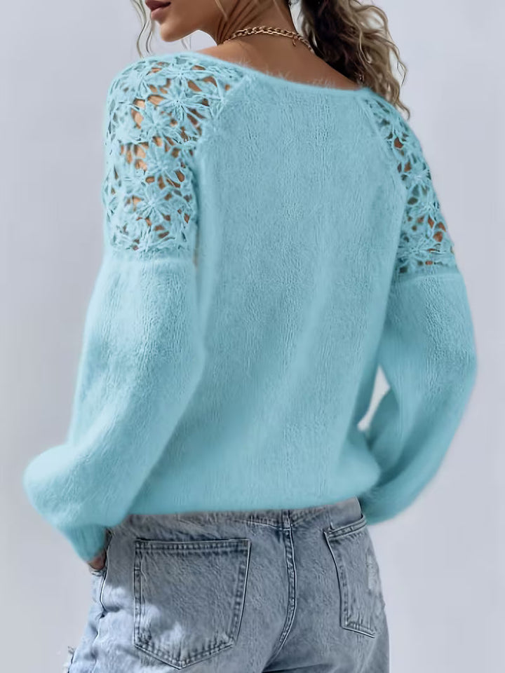 DOBRINA OFF-SHOULDER LACE KNIT SWEATER