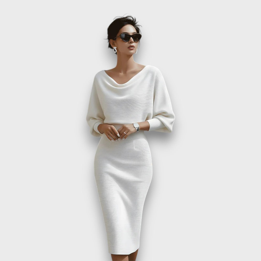 white batwing dress LUNARIA DRAPED BATWING MIDI DRESS – Madison & Mae