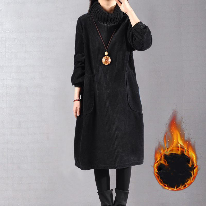 Hoge hals, losse corduroy maxi-jurk voor dames