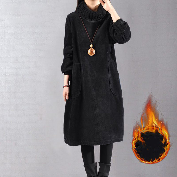 Hoge hals, losse corduroy maxi-jurk voor dames