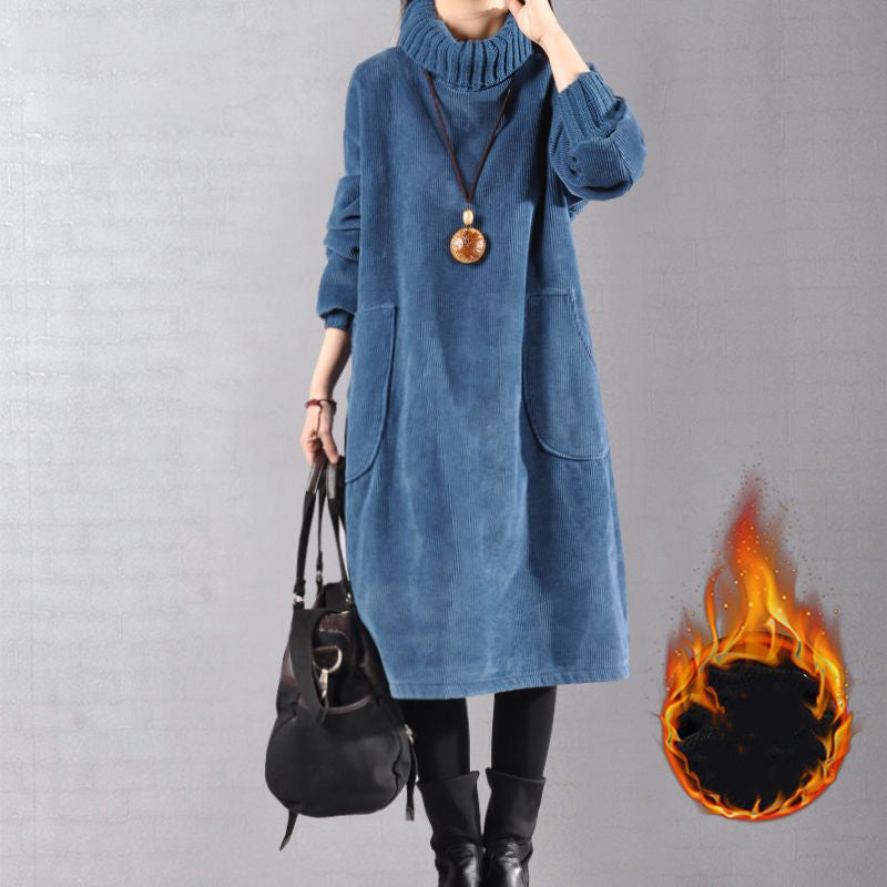 Hoge hals, losse corduroy maxi-jurk voor dames