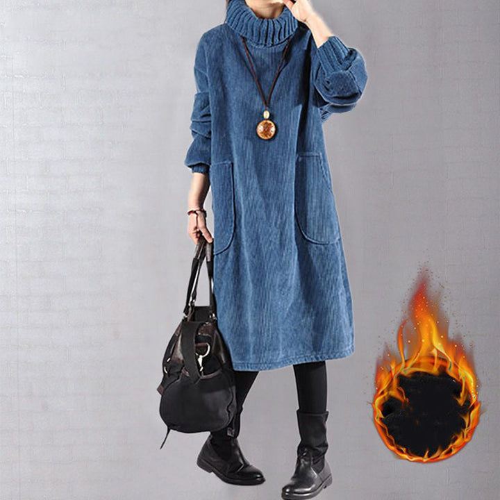 Hoge hals, losse corduroy maxi-jurk voor dames